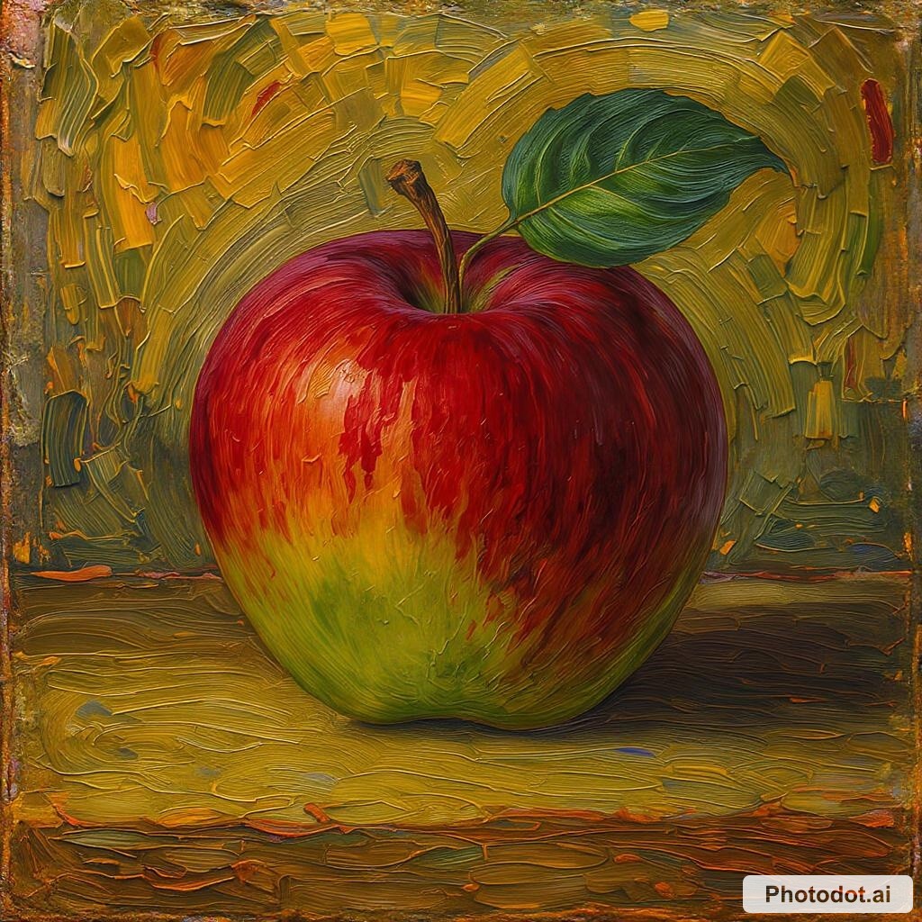 A painting in oil depicting an apple.