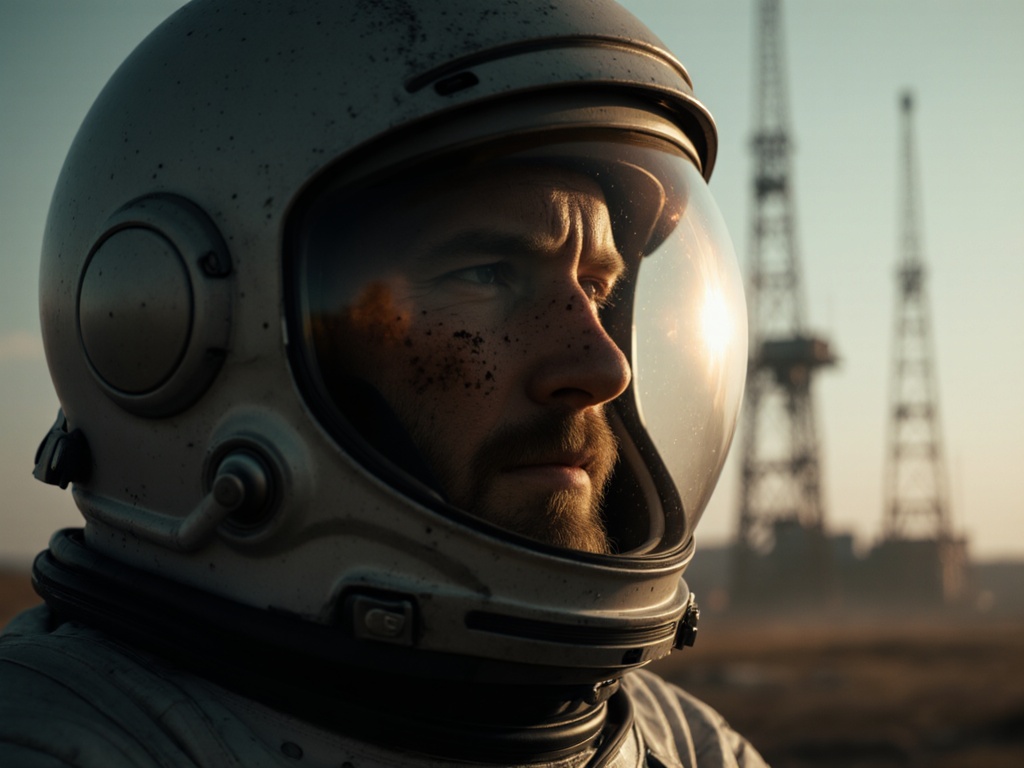 Epic close-up portrait of a weather-worn astronaut standing on a windswept launchpad at dawn; 50 mm anamorphic lens, T-stop 1.4, razor-thin depth of field—every pore, scar, and fleck of stubble crisply resolved. Warm sunrise rim-light ignites the helmet visor with subtle lens flares while towering industrial gantries fade into soft, desaturated bokeh. Moody teal-and-amber film-grade, slight 35 mm grain, true-to-life skin tones, natural specular highlights; no plastic textures, no AI artifacts; 8 K photorealism with cinematic grandeur.