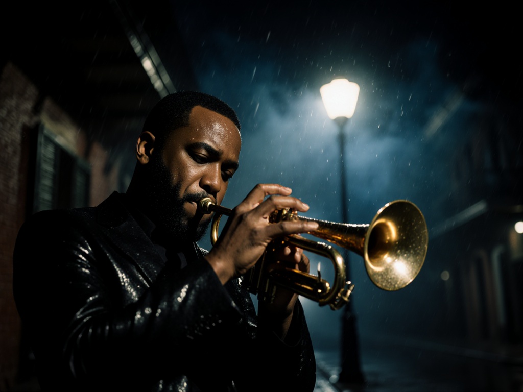 Dramatic close-up of a rain-soaked jazz trumpeter playing under a lone streetlamp on a midnight New Orleans alley; 85 mm anamorphic lens, T-1.4, creamy bokeh—every water droplet on his brass trumpet and stubble-lined jaw rendered in crisp detail. Warm tungsten glow clashes with cool indigo mist swirling in the background; soft lens flares ghost across the frame, subtle 35 mm film grain, natural skin sheen, authentic raindrop refractions, no plastic textures, no AI artifacts, 8-K photorealism with sweeping cinematic mood.