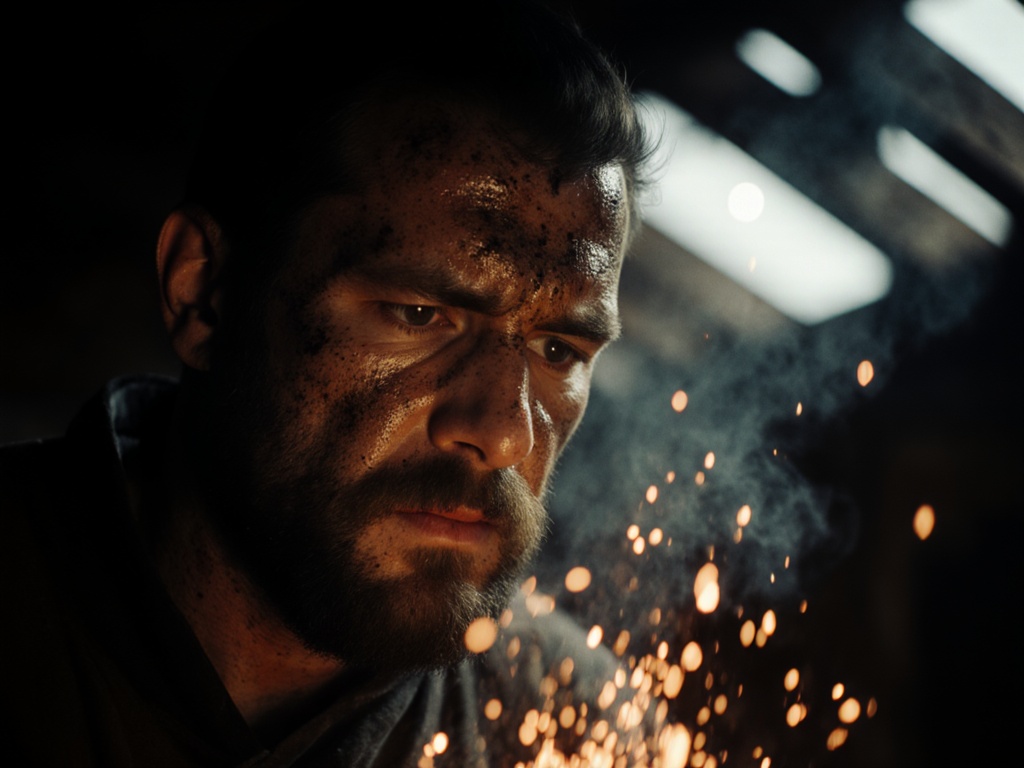 Intense close-up of a medieval blacksmith mid-strike, sparks exploding in slow motion around his soot-streaked face; 35 mm anamorphic lens, T-1.3, ultra-shallow focus—beads of sweat, weathered skin texture, and rivulets of molten metal rendered in hyper-real detail. Fiery forge light casts pulsating orange highlights while cool moonlight filters through wooden rafters in the blurred background. Subtle Kodak 5219 grain, high-dynamic-range contrast, authentic smoke diffusion; no plastic artifacts, no oversaturation; 8 K photorealism with raw, cinematic grandeur.